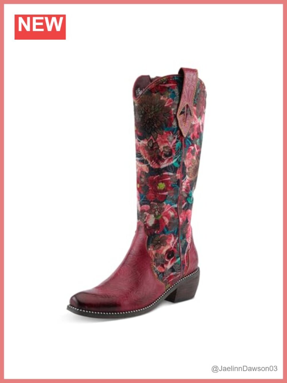 Womens Mid-Calf Cowboy Boots Floral Velvet Snip Toe Leather Stacked Heel